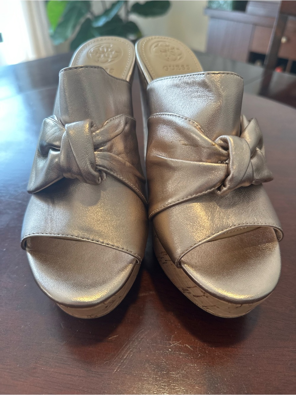 Guess Metallic Bronze Knot-Accent Slide Mules
